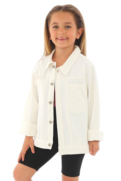 Girl's White Colored Unicorn Printed Buttoned Jacket with Pockets