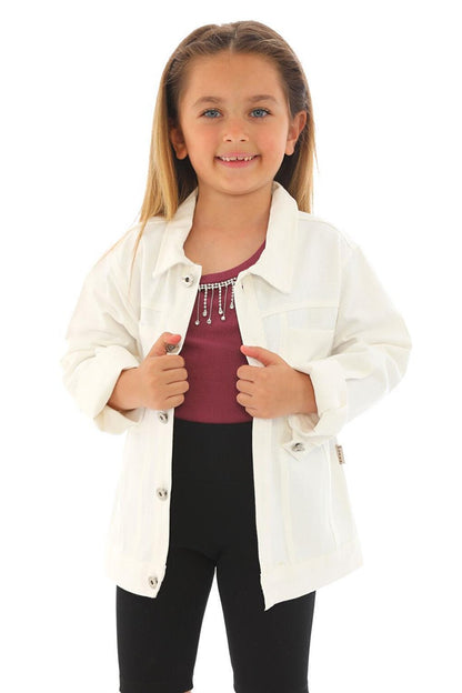 Girl's White Colored Unicorn Printed Buttoned Jacket with Pockets