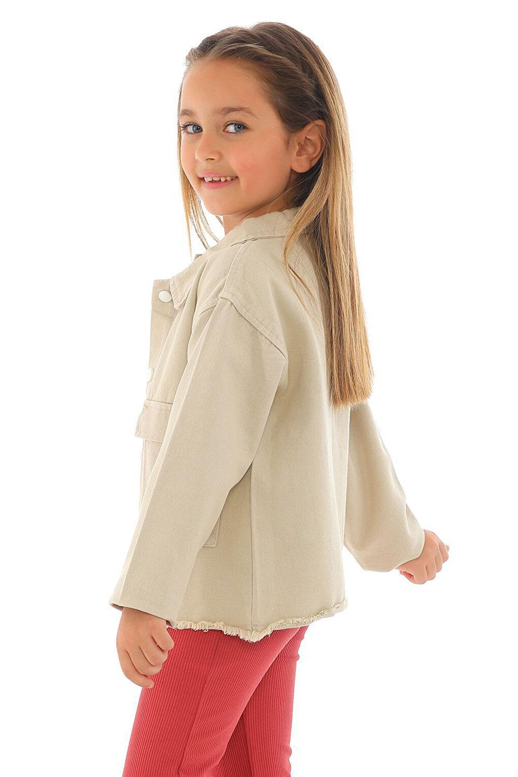 Girl's Beige Colored Pocket Buttoned Jacket