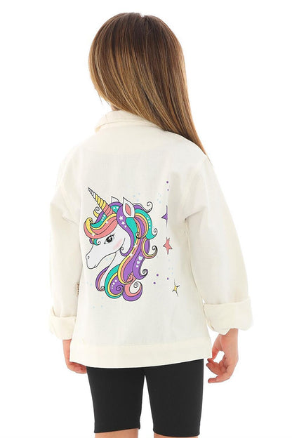 Girl's White Colored Unicorn Printed Buttoned Jacket with Pockets