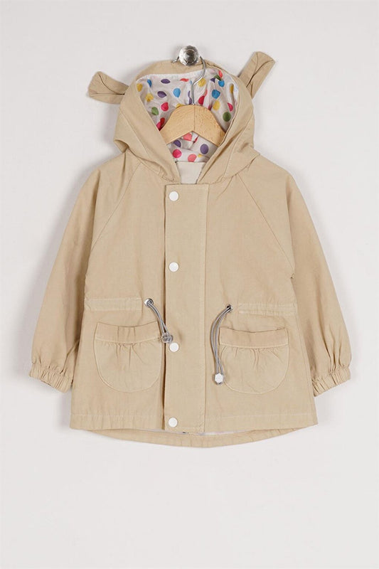 Girl's Beige Colored Hooded Raincoat with Waist Tie