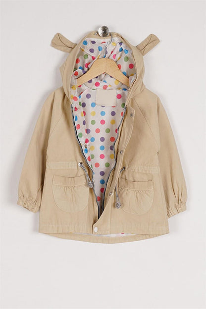 Girl's Beige Colored Hooded Raincoat with Waist Tie