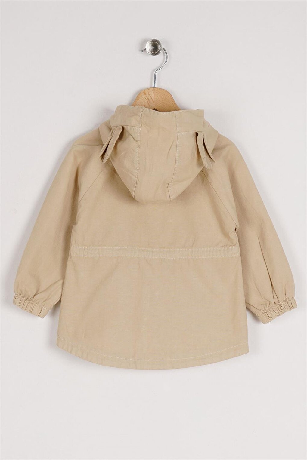 Girl's Beige Colored Hooded Raincoat with Waist Tie