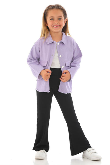 Girl's Lilac Colored Buttoned Jacket with Pockets