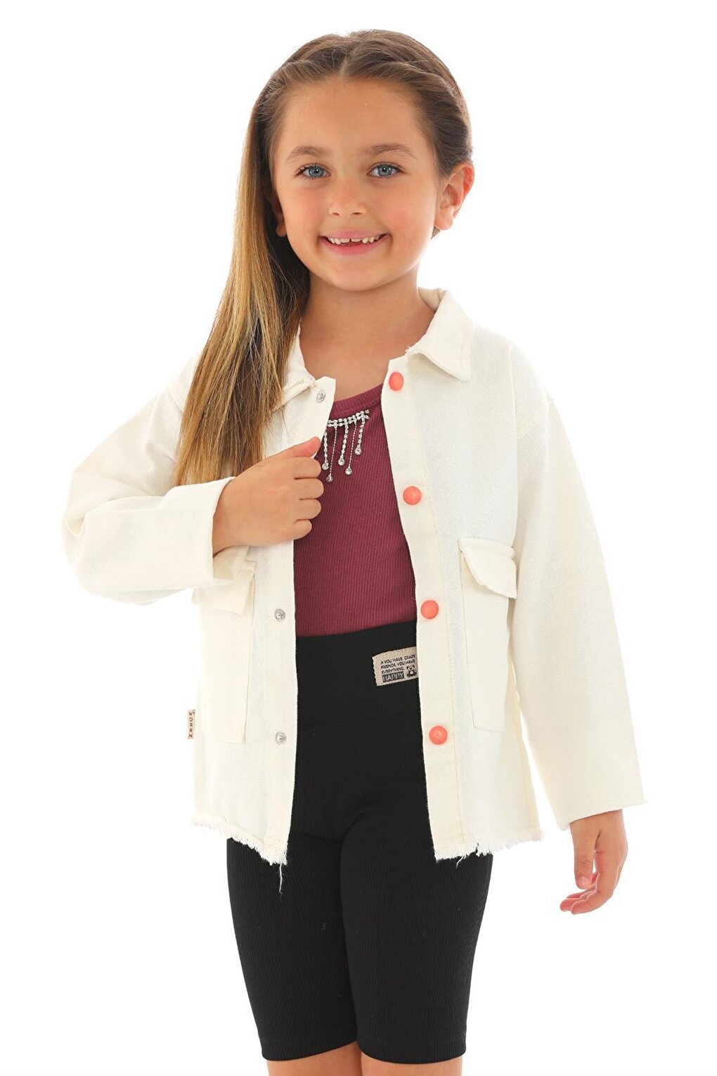 Girl's White Colored Pocket Buttoned Jacket