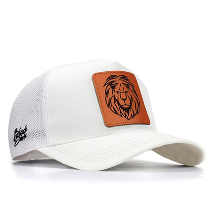 V1 Trucker Lion - Unisex White Hat (Cap) with 12 Code Logo