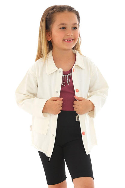 Girl's White Colored Pocket Buttoned Jacket