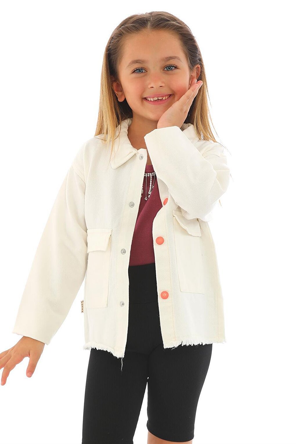 Girl's White Colored Pocket Buttoned Jacket