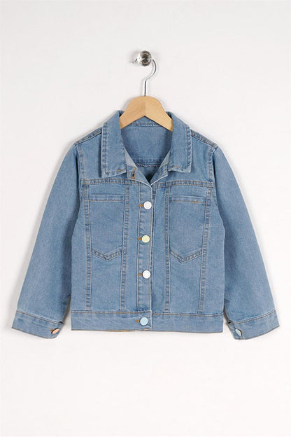 Girl's Blue Colored Buttoned Jean Jacket with Unicorn Print on the Back