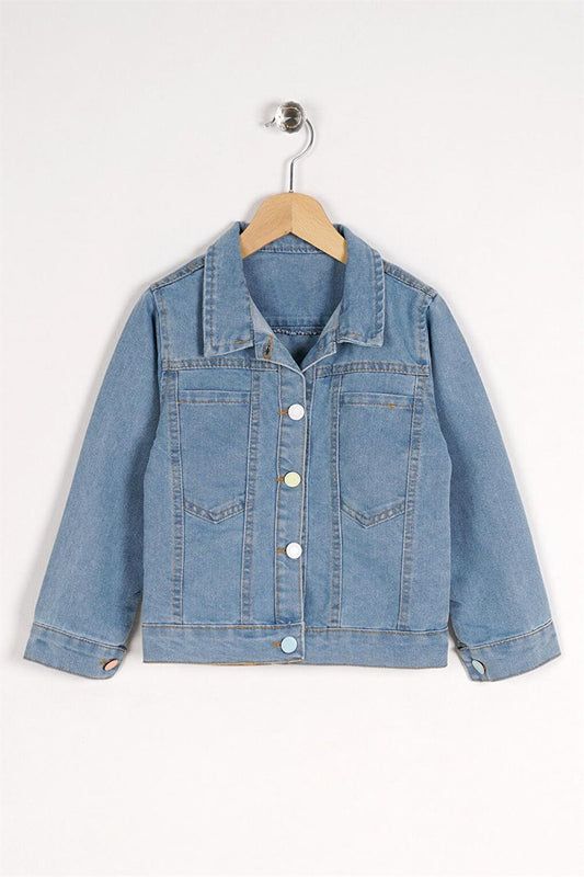 Girl's Blue Colored Buttoned Jean Jacket with Unicorn Print on the Back