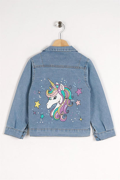 Girl's Blue Colored Buttoned Jean Jacket with Unicorn Print on the Back