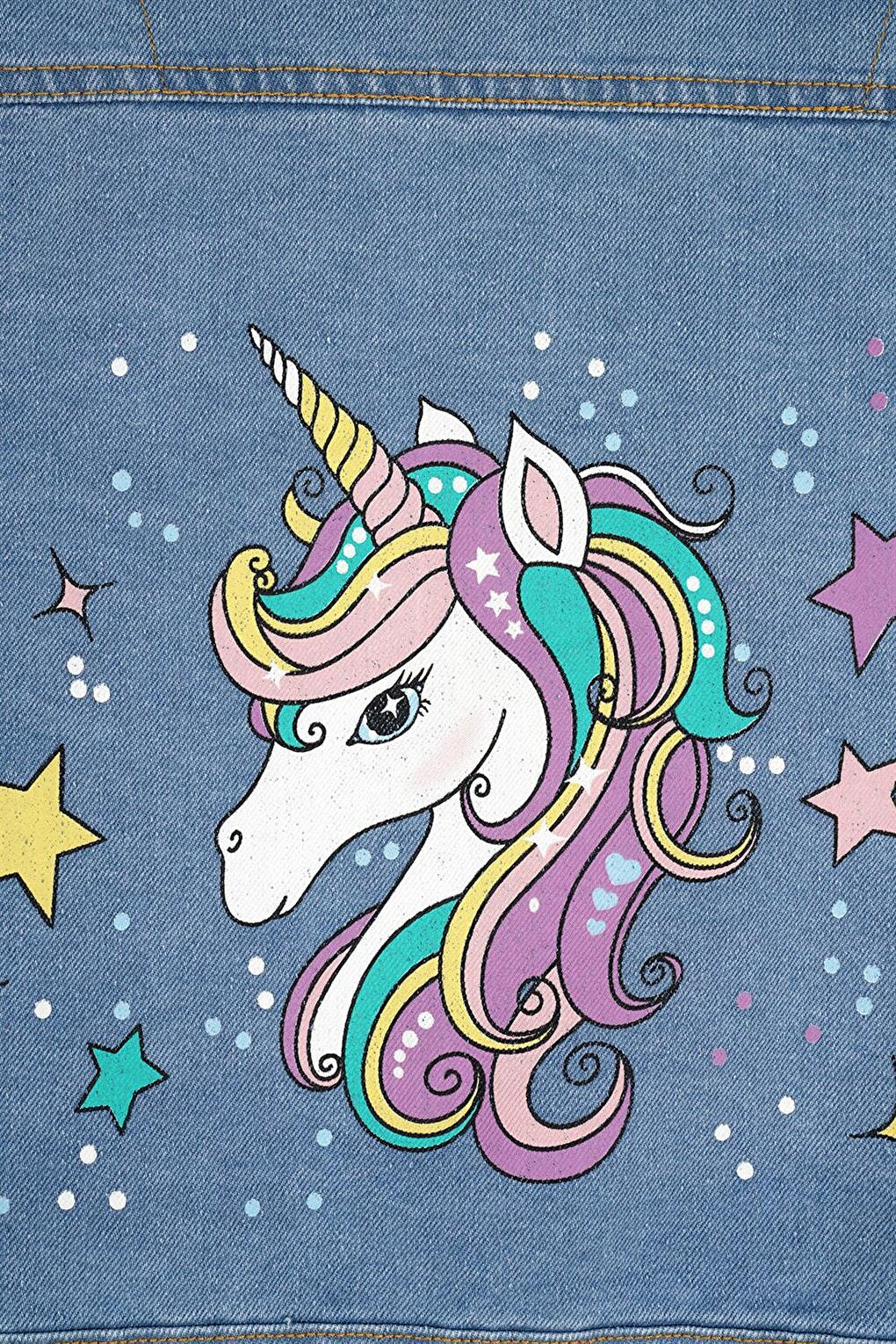 Girl's Blue Colored Buttoned Jean Jacket with Unicorn Print on the Back