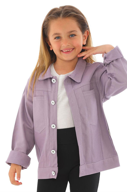 Girl's Lilac Colored Unicorn Printed Buttoned Jacket with Pockets