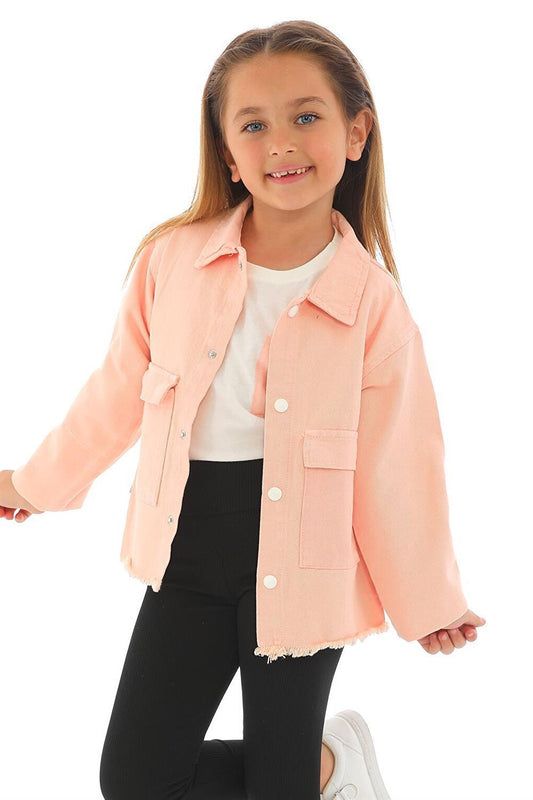 Girl's Salmon Colored Pocket Buttoned Jacket