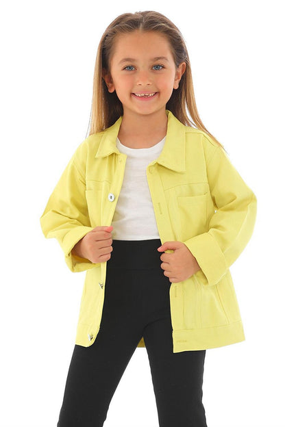 Girl's Yellow Colored Unicorn Printed Buttoned Jacket with Pockets