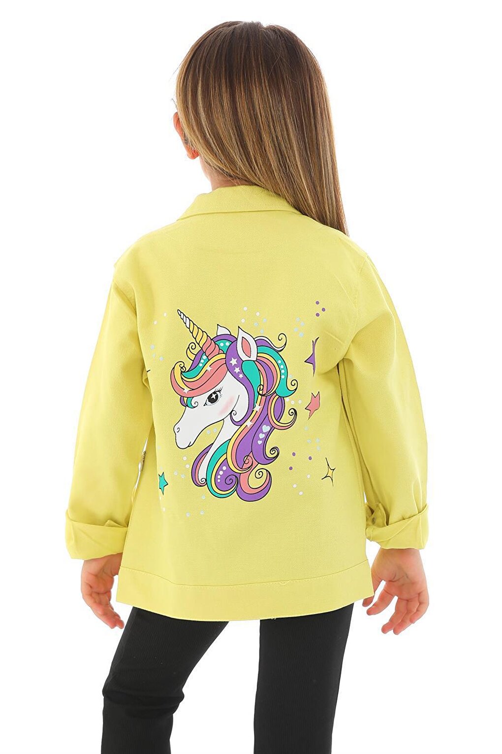 Girl's Yellow Colored Unicorn Printed Buttoned Jacket with Pockets