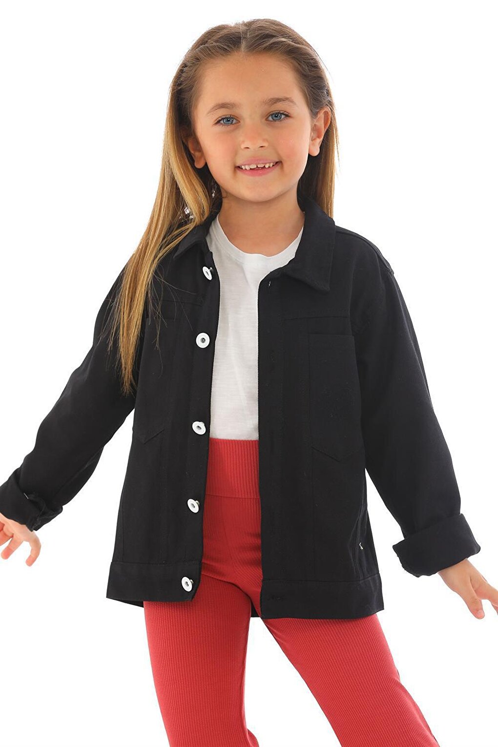 Girl's Black Colored Unicorn Printed Buttoned Jacket with Pockets