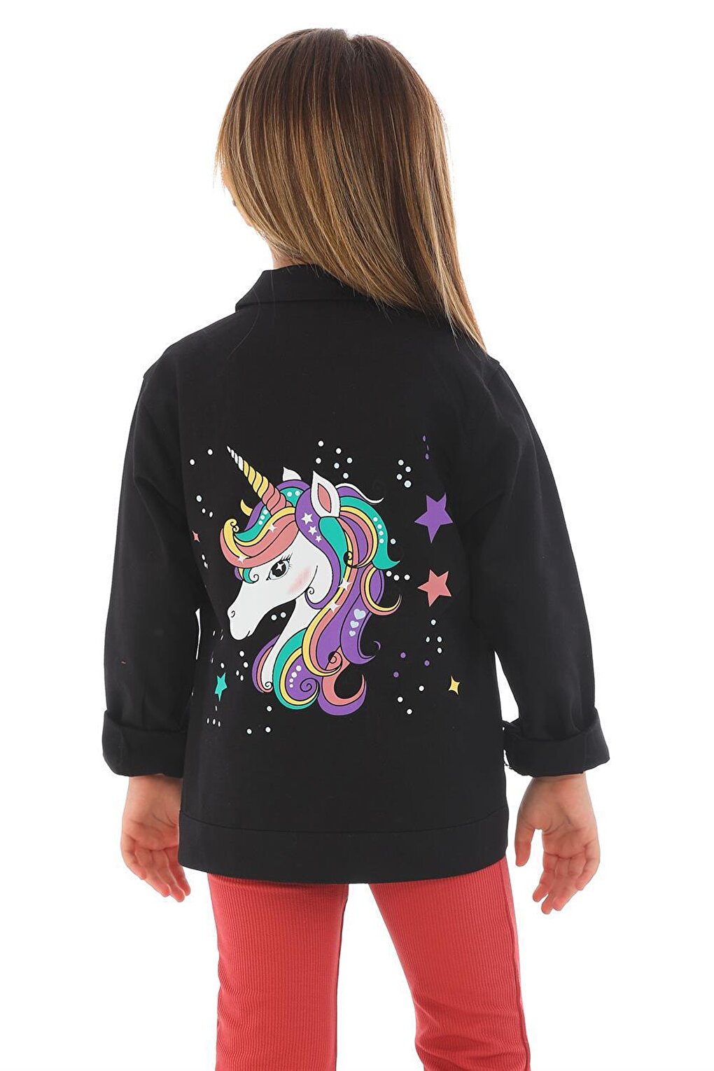 Girl's Black Colored Unicorn Printed Buttoned Jacket with Pockets