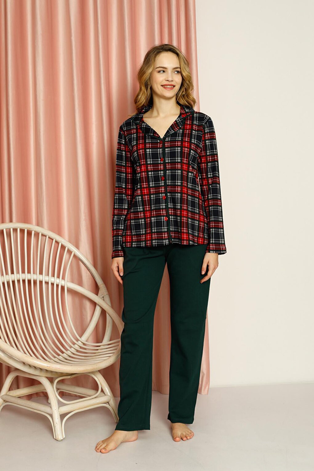 Women's Pajama Set Plaid All-over Buttoned Top Patterned Plain Bottom Cotton Seasonal W20502277