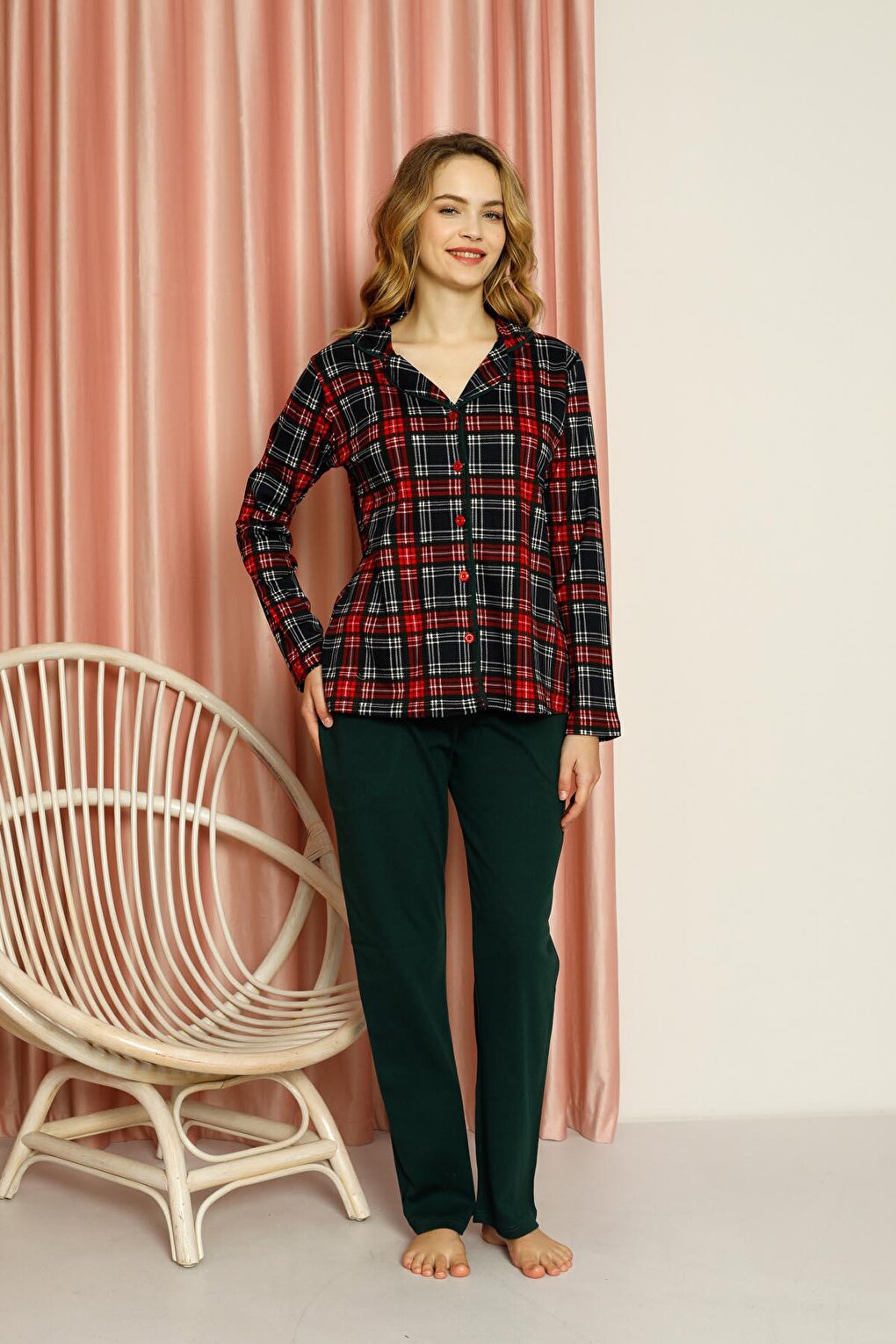 Women's Pajama Set Plaid All-over Buttoned Top Patterned Plain Bottom Cotton Seasonal W20502277