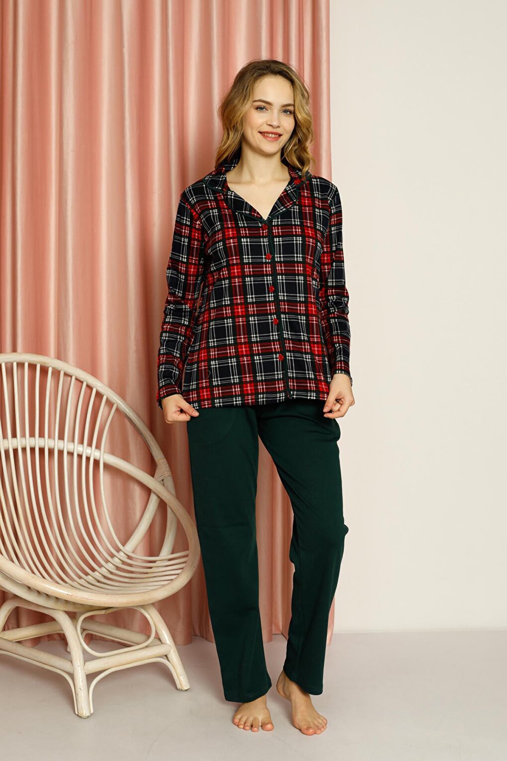 Women's Pajama Set Plaid All-over Buttoned Top Patterned Plain Bottom Cotton Seasonal W20502277