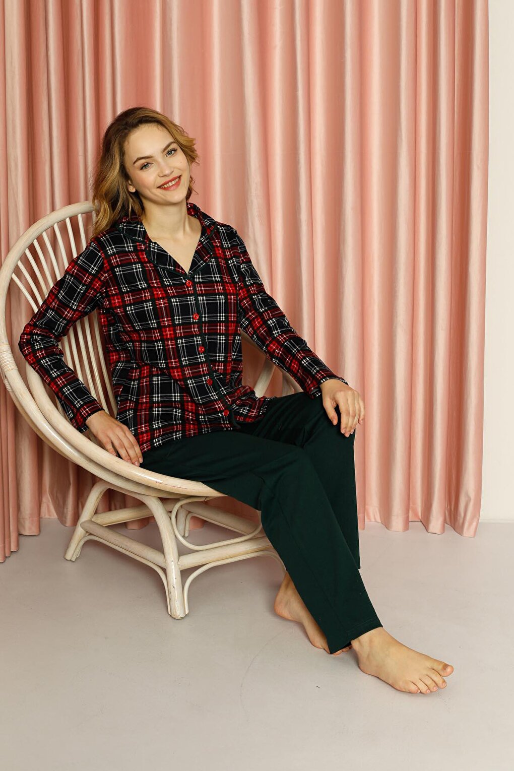 Women's Pajama Set Plaid All-over Buttoned Top Patterned Plain Bottom Cotton Seasonal W20502277