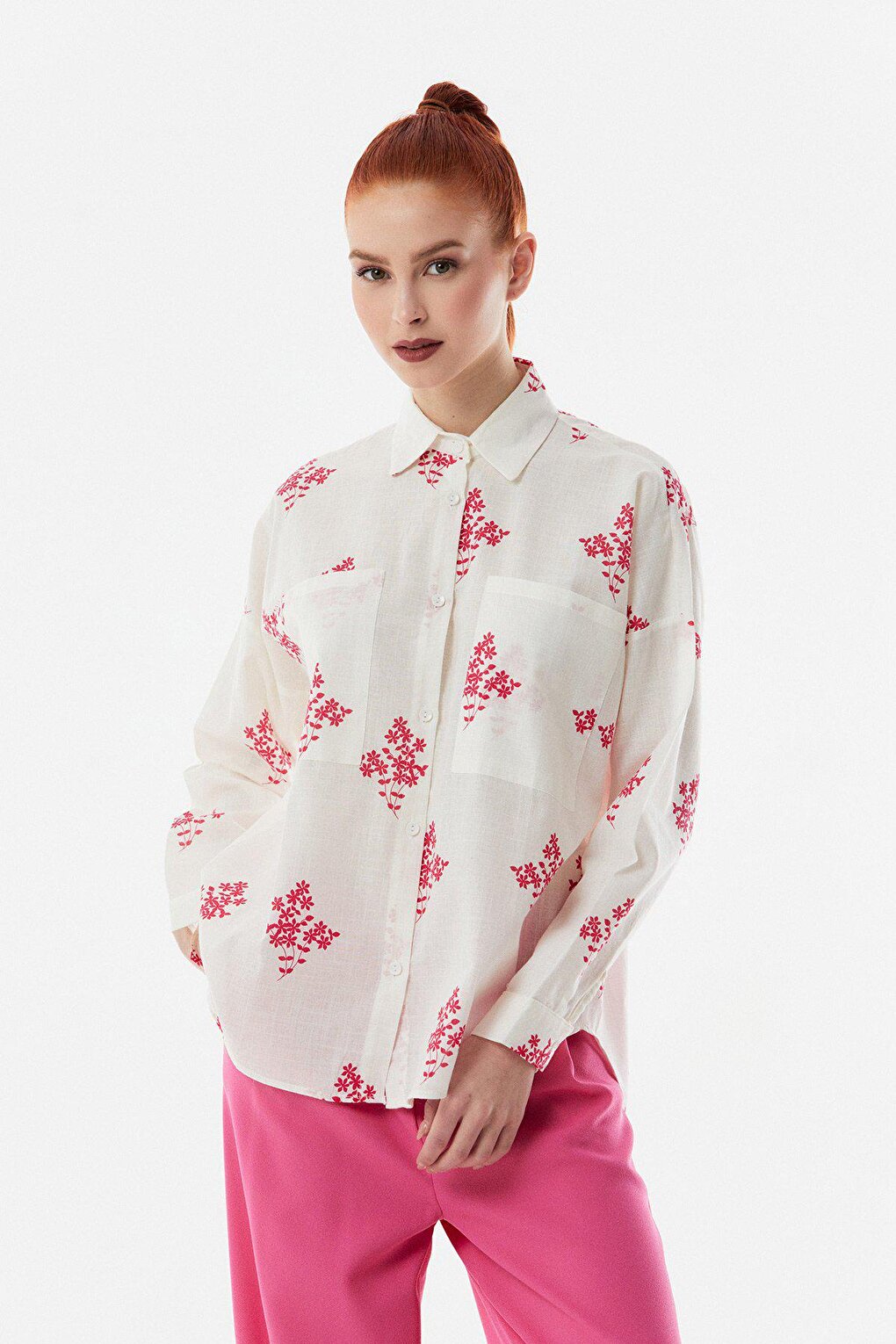 Floral Printed Double Pocket Linen Shirt