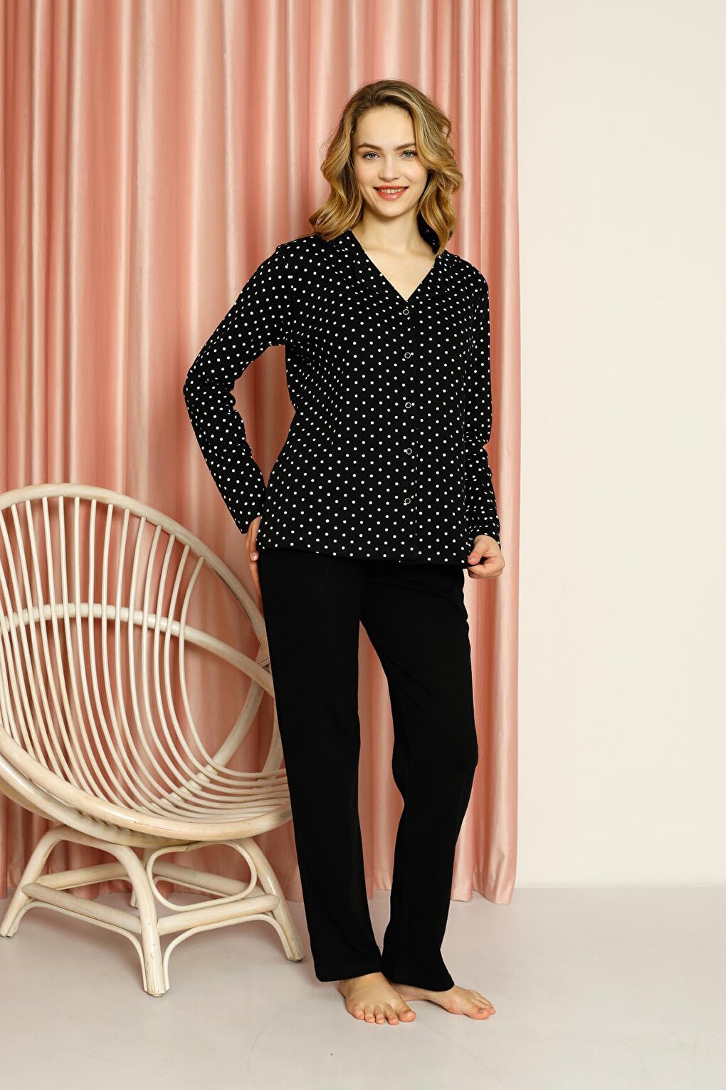 Women's Pajama Set Interlock Dotted Buttoned Cotton Seasonal W20512278