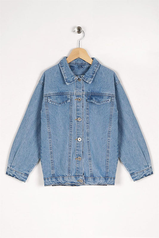 Girl's Blue Colored Button Detailed Jean Jacket with Pocket Flap