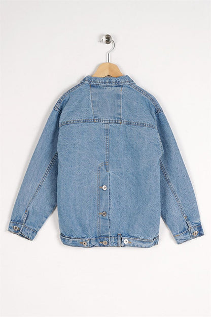 Girl's Blue Colored Button Detailed Jean Jacket with Pocket Flap