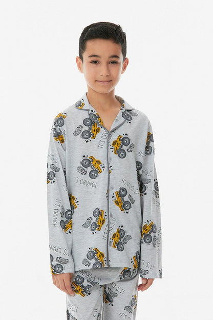 Printed Shirt Collar Unisex Pajama Set