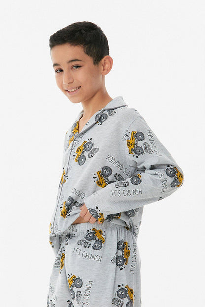 Printed Shirt Collar Unisex Pajama Set