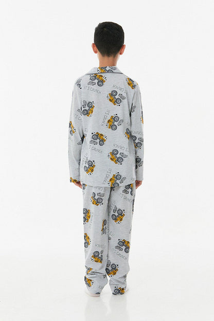 Printed Shirt Collar Unisex Pajama Set