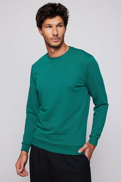 Cotton Crew Neck Basic Unisex Green Sweatshirt