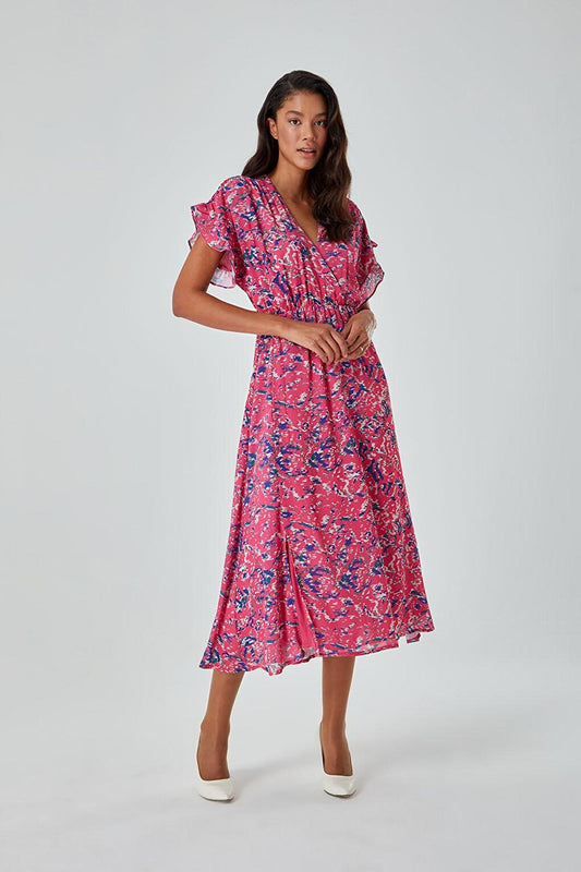 Colorful Patterned Short Sleeve Fuchsia Dress