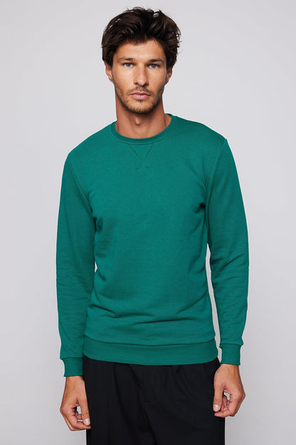 Cotton Crew Neck Basic Unisex Green Sweatshirt