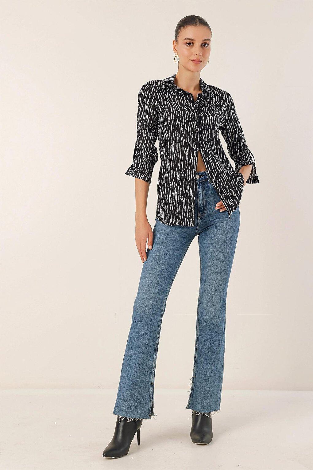 Black Sleeve Folded Patterned Viscose Shirt