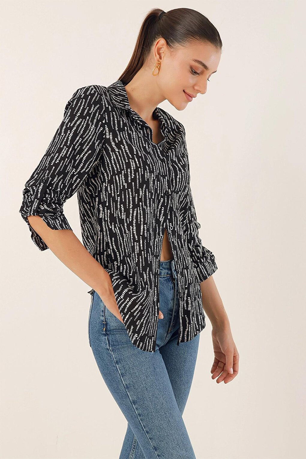 Black Sleeve Folded Patterned Viscose Shirt