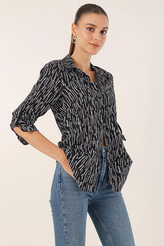 Black Sleeve Folded Patterned Viscose Shirt