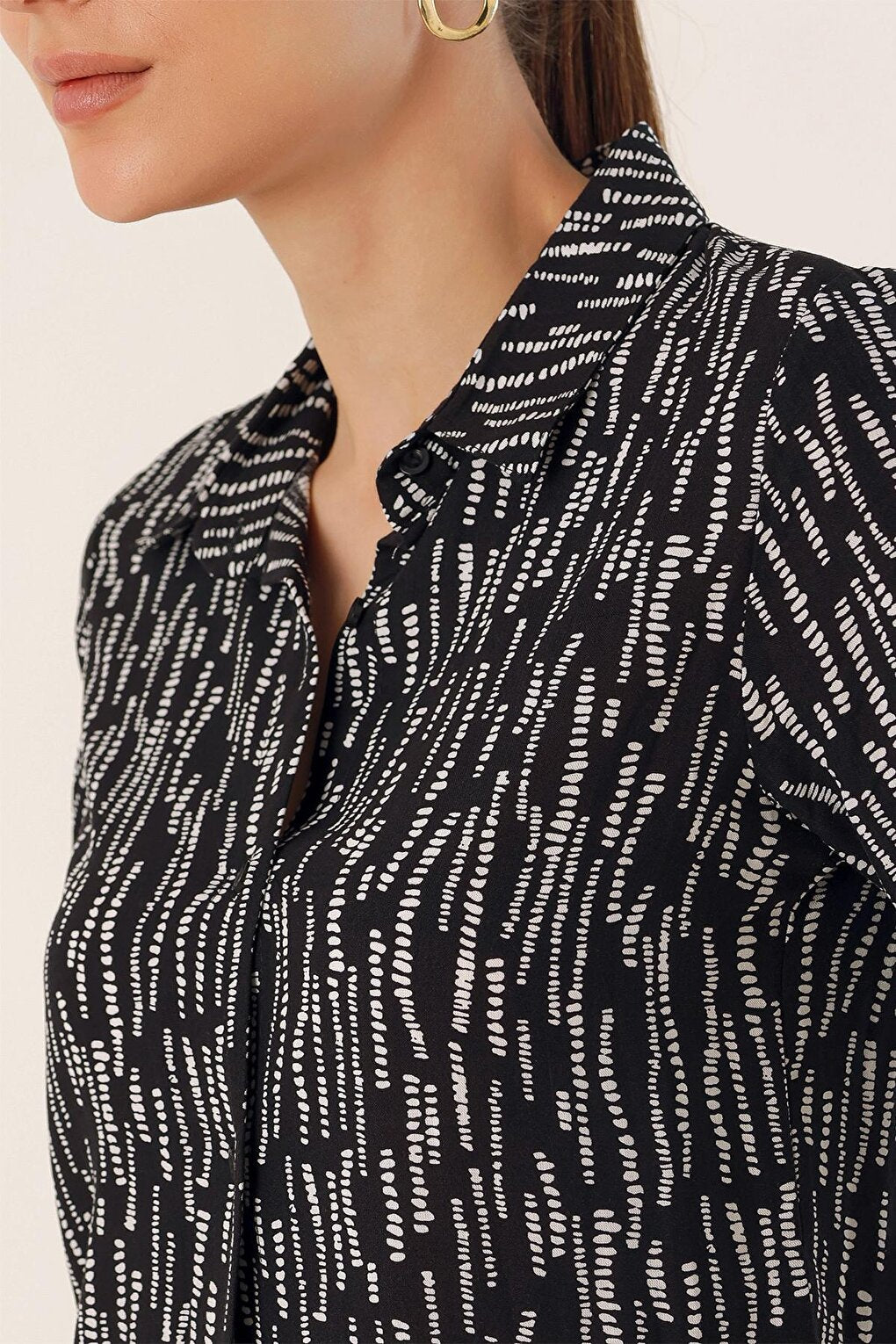 Black Sleeve Folded Patterned Viscose Shirt