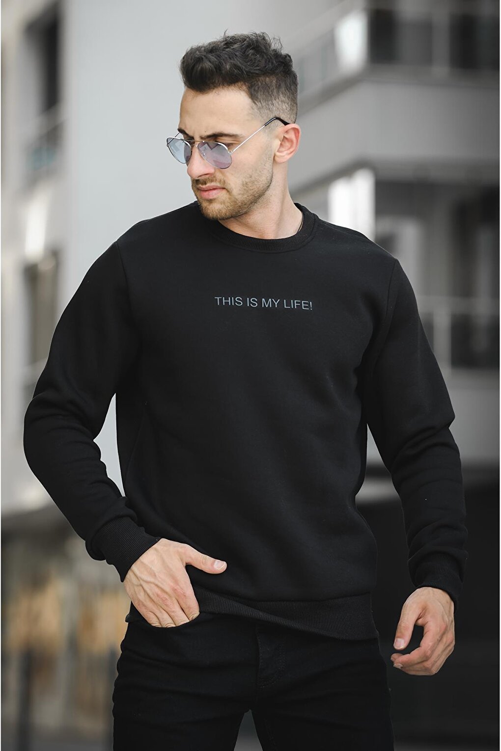 Three Thread Raised Embossed Printed Crew Neck Men's Sweatshirt