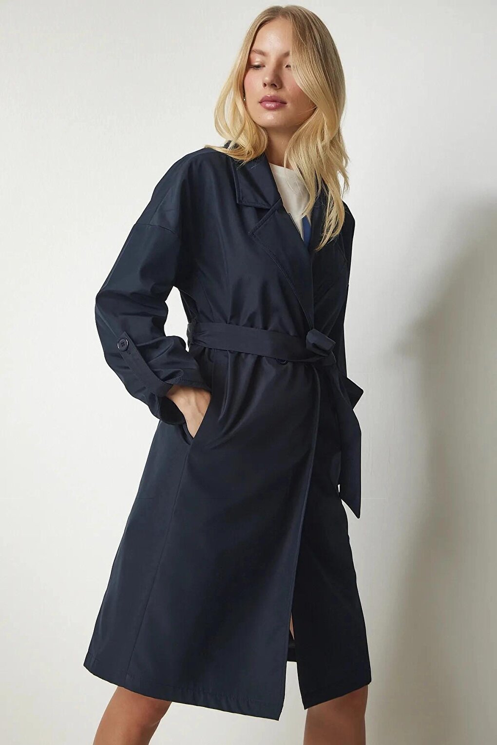 Navy Blue Double Breasted Collar Tie Waist Folded Sleeve Trench Coat