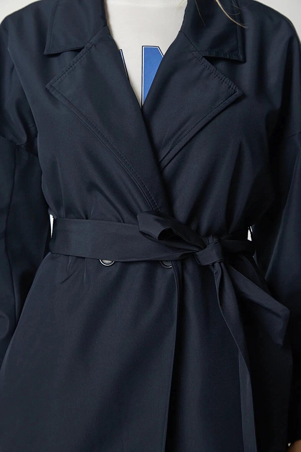 Navy Blue Double Breasted Collar Tie Waist Folded Sleeve Trench Coat