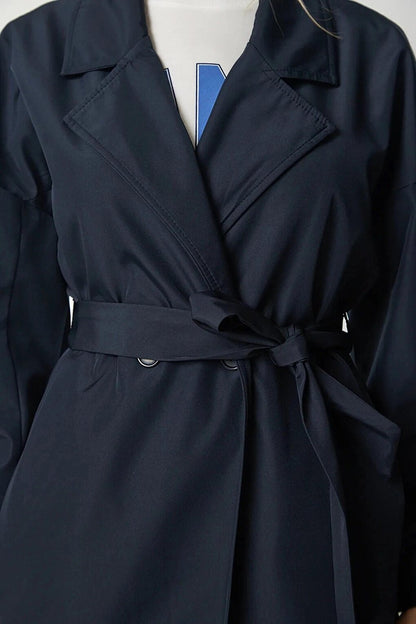 Navy Blue Double Breasted Collar Tie Waist Folded Sleeve Trench Coat