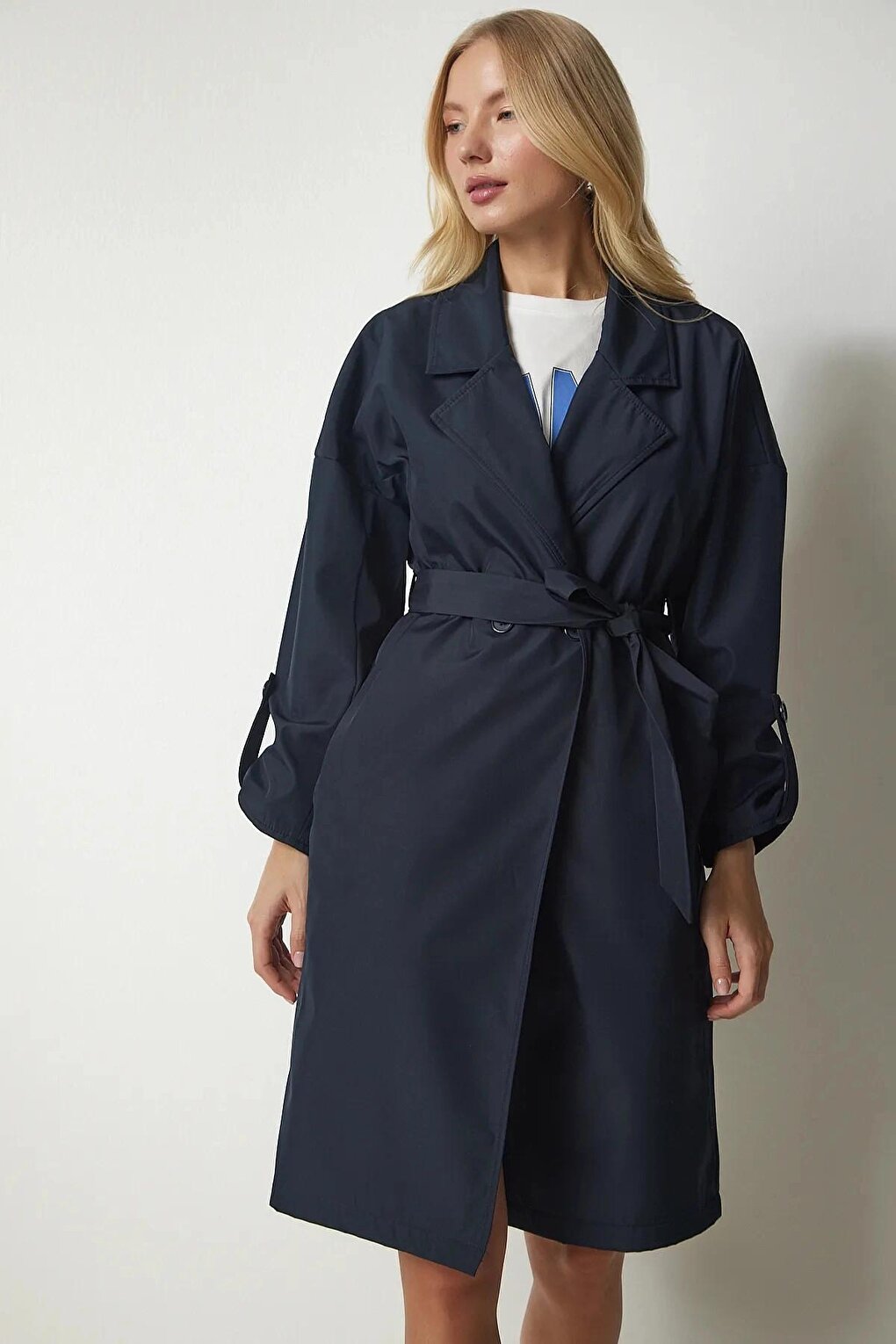 Navy Blue Double Breasted Collar Tie Waist Folded Sleeve Trench Coat