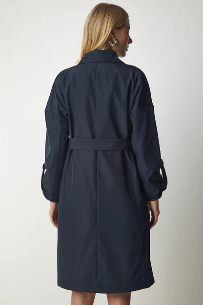 Navy Blue Double Breasted Collar Tie Waist Folded Sleeve Trench Coat