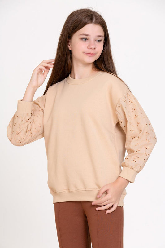 Girl's Beige Lace Sleeved Sweatshirt Age 4-12 - 23176-3