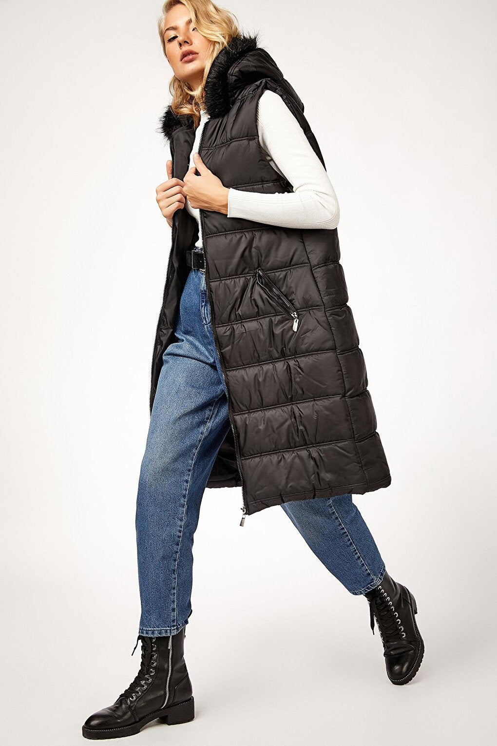 10233 Hooded Furry Puffer Vest - Black