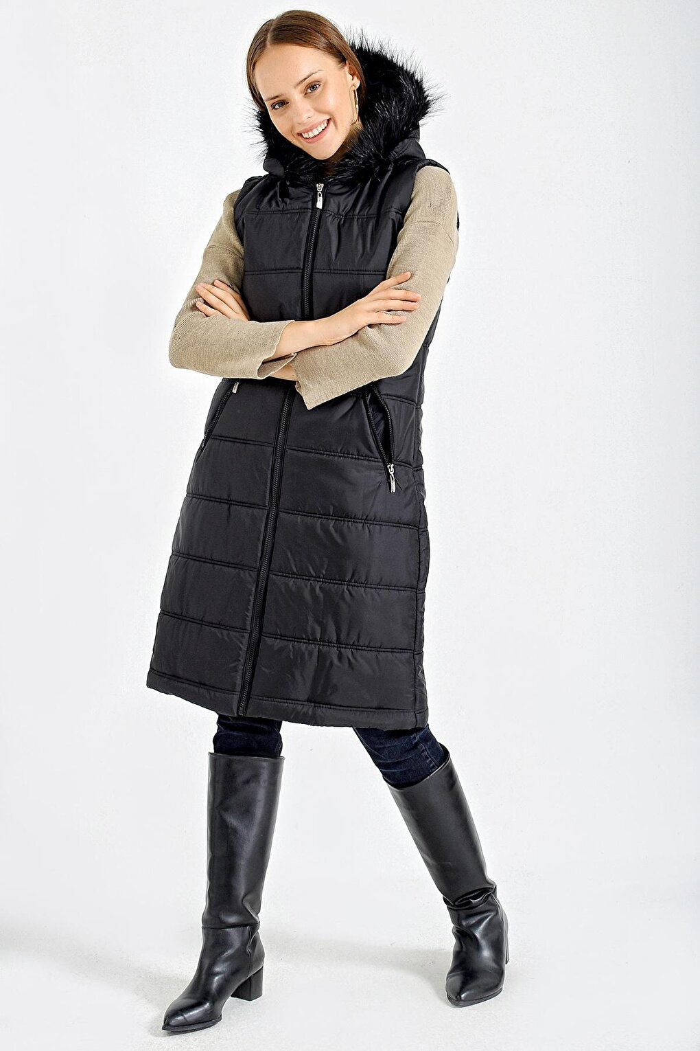 10233 Hooded Furry Puffer Vest - Black