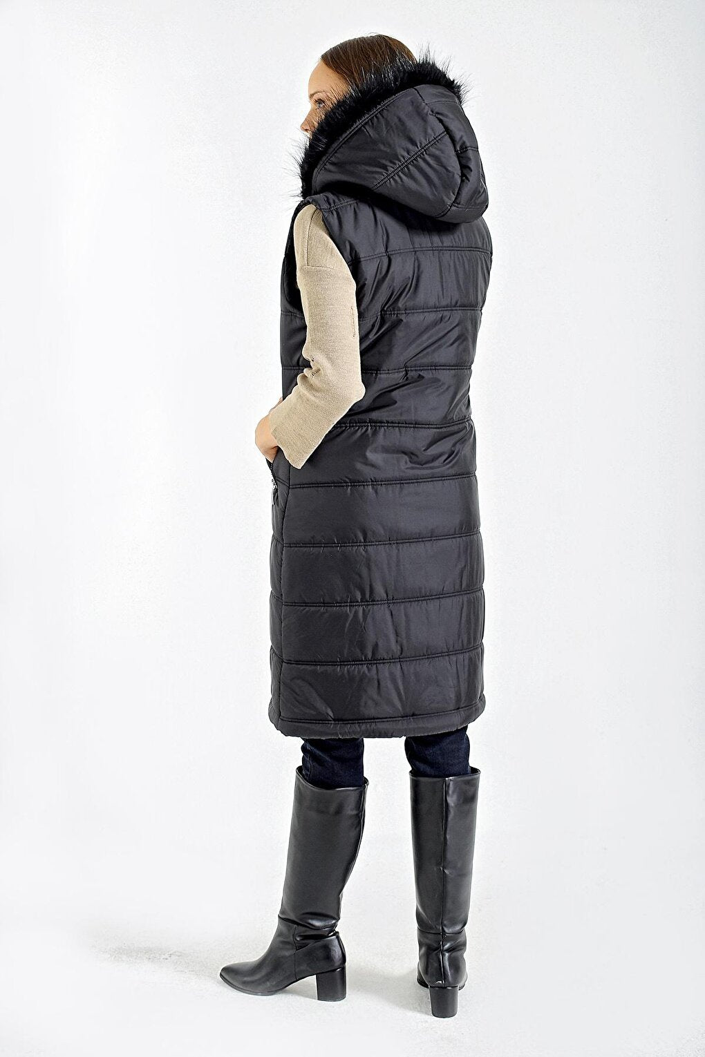 10233 Hooded Furry Puffer Vest - Black